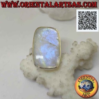 Silver ring with rounded rectangular rainbow moonstone on smooth setting