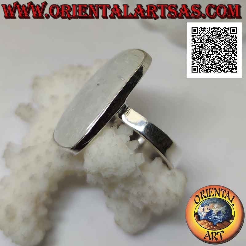 Silver ring with rounded rectangular rainbow moonstone on smooth setting