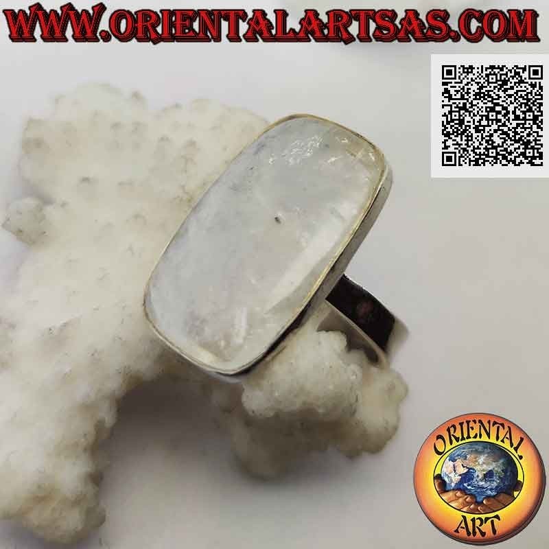 Silver ring with rounded rectangular rainbow moonstone on smooth setting