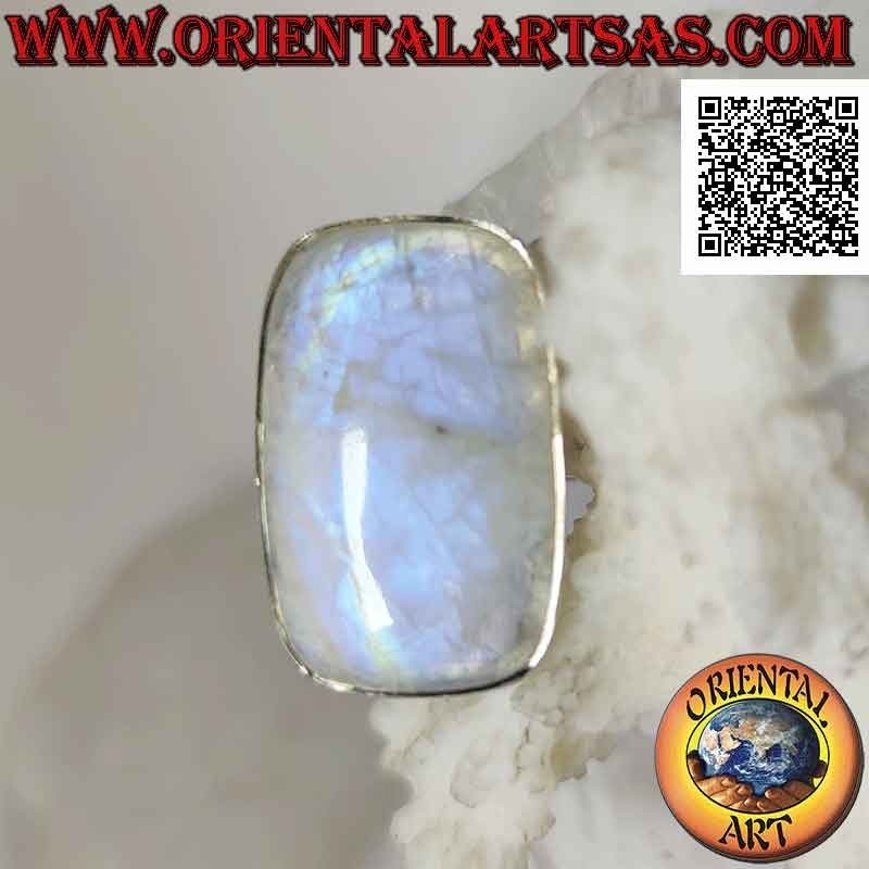Silver ring with rounded rectangular rainbow moonstone on smooth setting