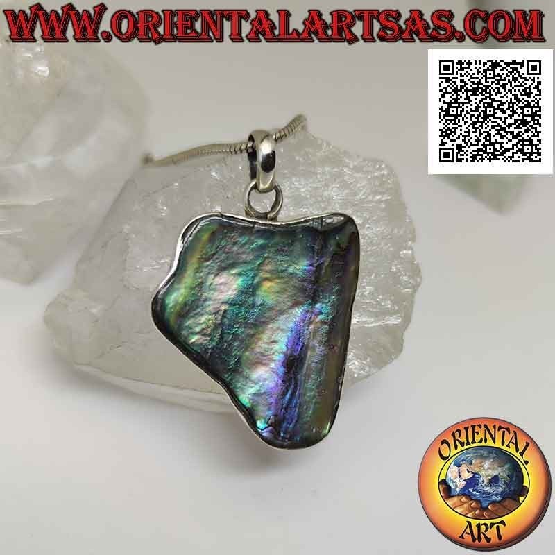 Pendentif en argent, grand triangle irrégulier inversé avec grand coquillage paua (ormeau)