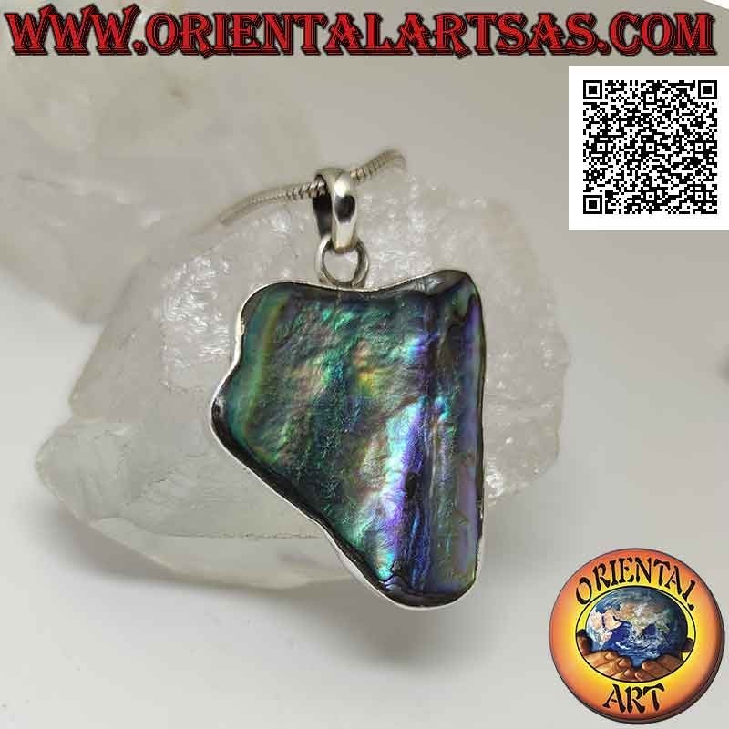 Ciondolo in argento, grande triangolo irregolare rovesciato con paua shell (abalone) grande