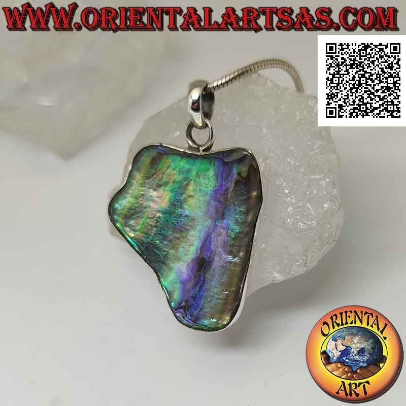 Pendentif en argent, grand triangle irrégulier inversé avec grand coquillage paua (ormeau)