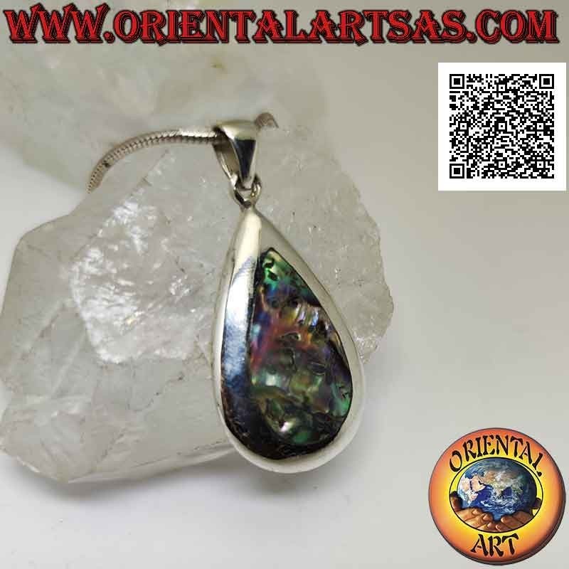 Colgante de plata con abulón en forma de gota (concha de paua) engastado al ras con el borde en un entorno suave