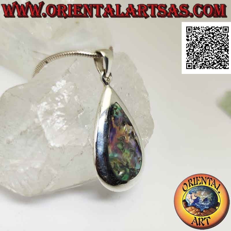 Ciondolo in argento con abalone (paua shell) a goccia incastonata a filo bordo su montatura liscia