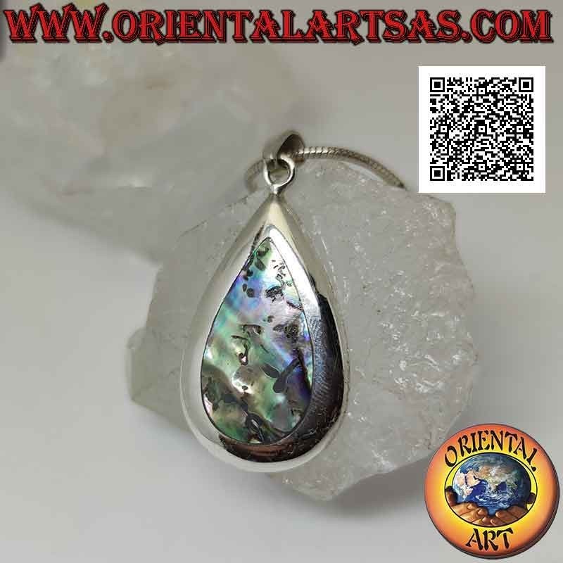Colgante de plata con abulón en forma de gota (concha de paua) engastado al ras con el borde en un entorno suave