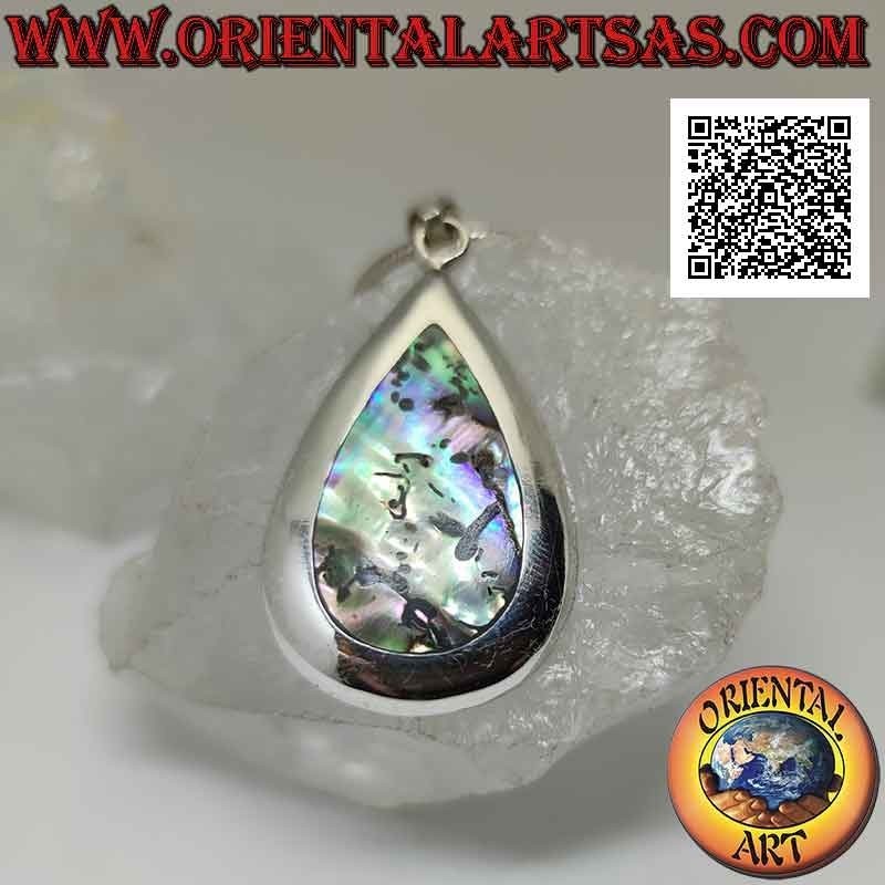 Pendentif en argent avec ormeau en forme de goutte (coquillage paua) serti au ras du bord sur une monture lisse
