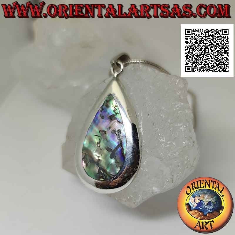 Silver pendant with drop-shaped abalone (paua shell) set flush with the edge on a smooth setting