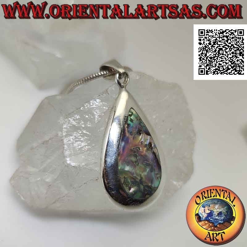 Silver pendant with drop-shaped abalone (paua shell) set flush with the edge on a smooth setting