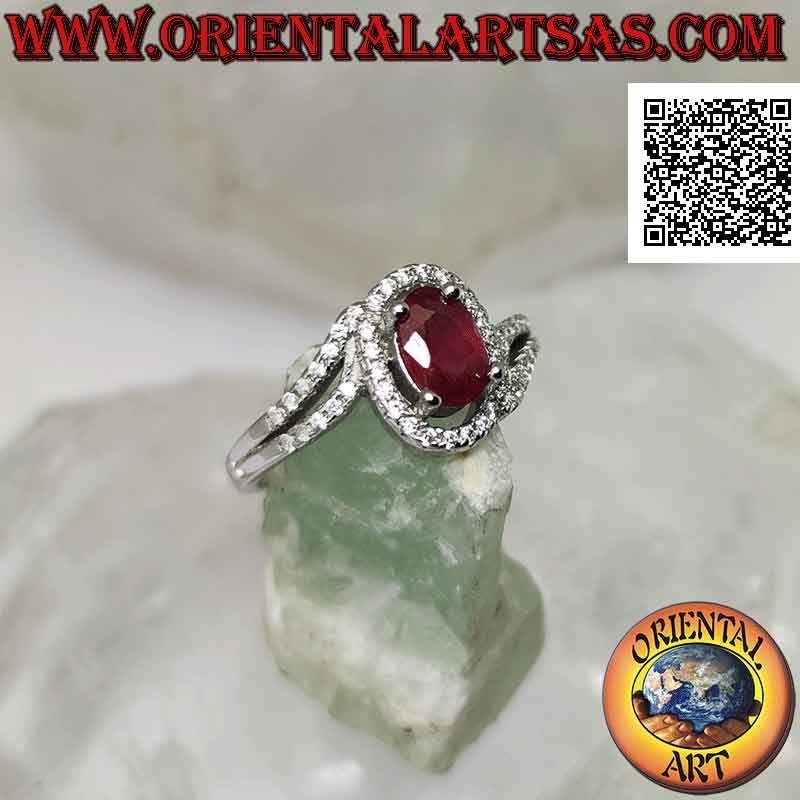 Silver ring (asymmetrical solitaire for two) with oval synthetic ruby set and white zircons