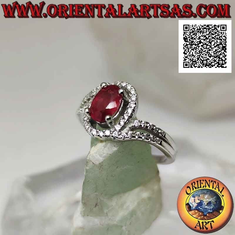 Bague en argent (solitaire asymétrique pour deux) avec rubis synthétique ovale serti et zircons blancs