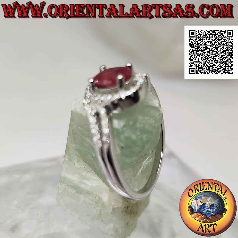 Silver ring (asymmetrical solitaire for two) with oval synthetic ruby set and white zircons