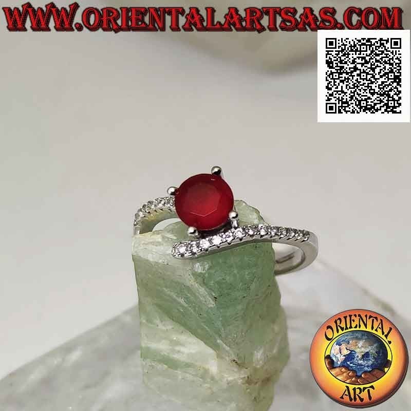 Solitaire silver ring with round synthetic ruby set and white zircons (final below)
