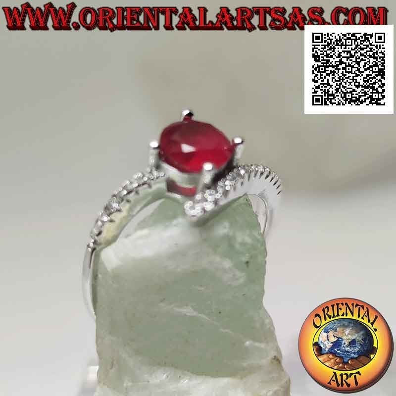 Solitaire silver ring with round synthetic ruby set and white zircons (final below)