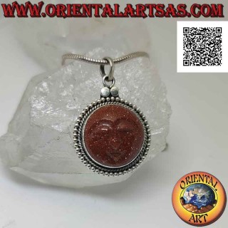 Pendentif en argent avec camée soleil en pierre de soleil ronde avec bord pointillé