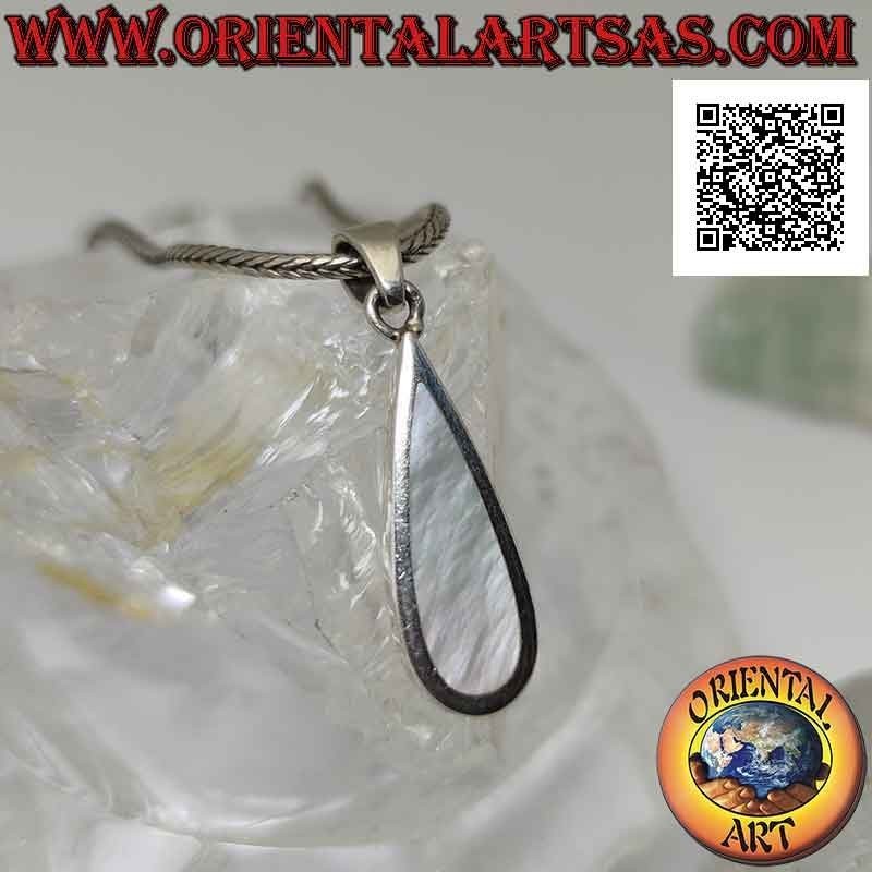 Colgante en plata, nácar con gota alargada con borde liso