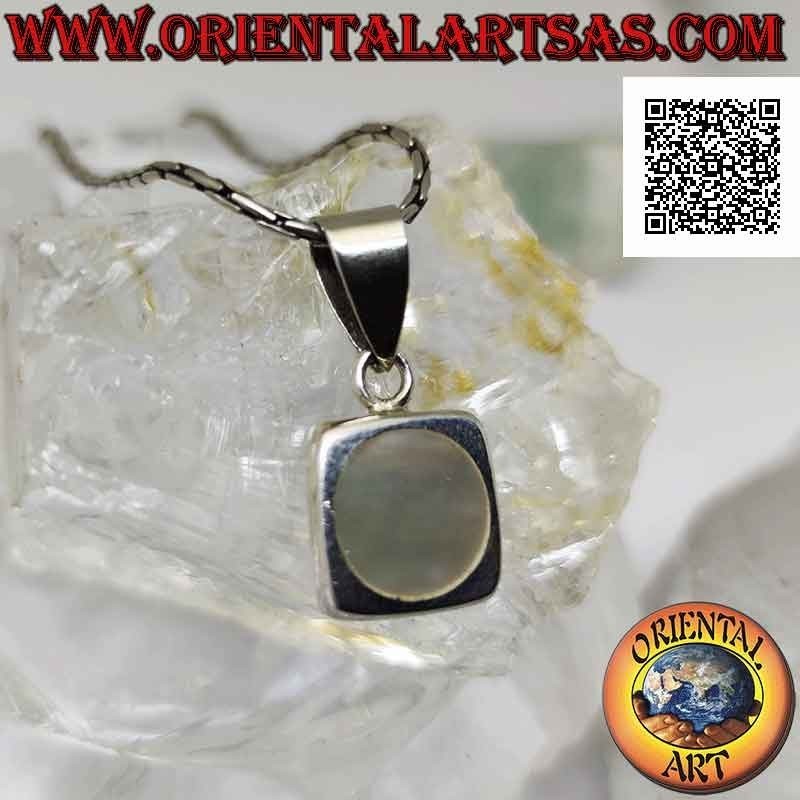 Silver pendant, round mother-of-pearl with smooth edge on a square frame