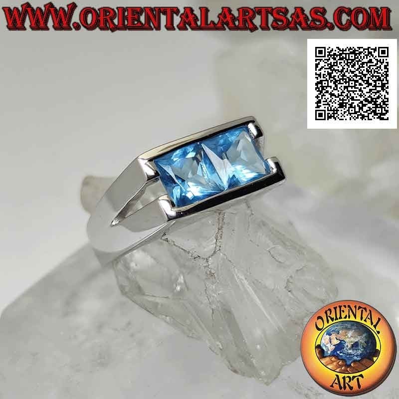 Anillo de plata con pareja de topacios cuadrados en montura rectangular lisa