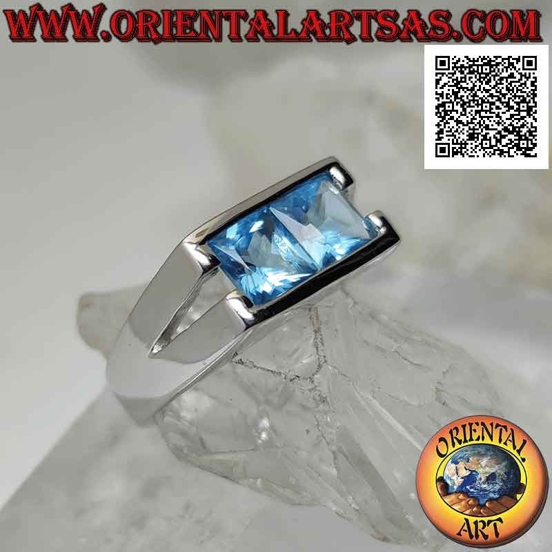 Anello in argento con coppia di topazio  quadrati su montatura liscia rettangolare