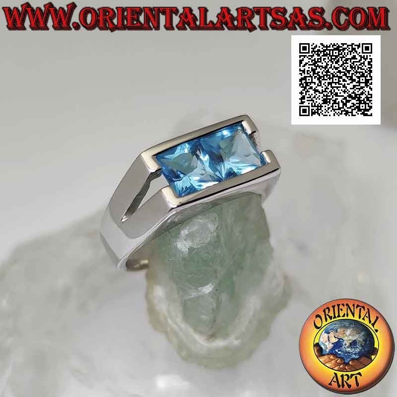 Silver ring with a pair of square topazes on a smooth rectangular setting