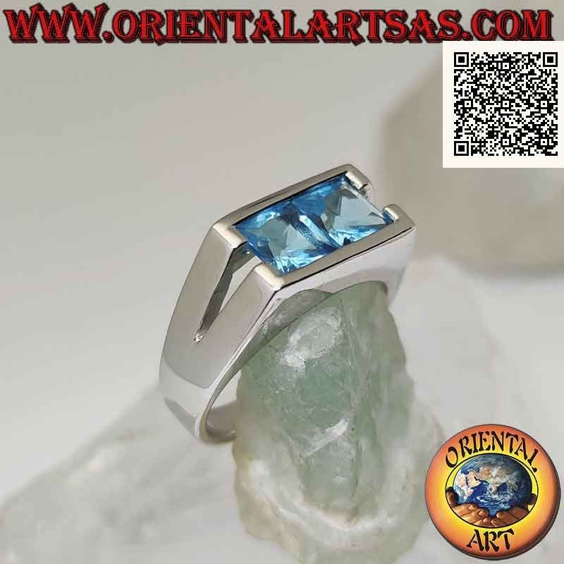 Anillo de plata con pareja de topacios cuadrados en montura rectangular lisa