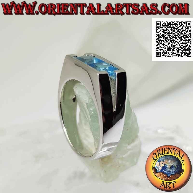 Silver ring with a pair of square topazes on a smooth rectangular setting