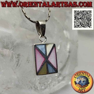 Colgante rectangular de plata con mosaico de triángulos de nácar multicolor con borde liso