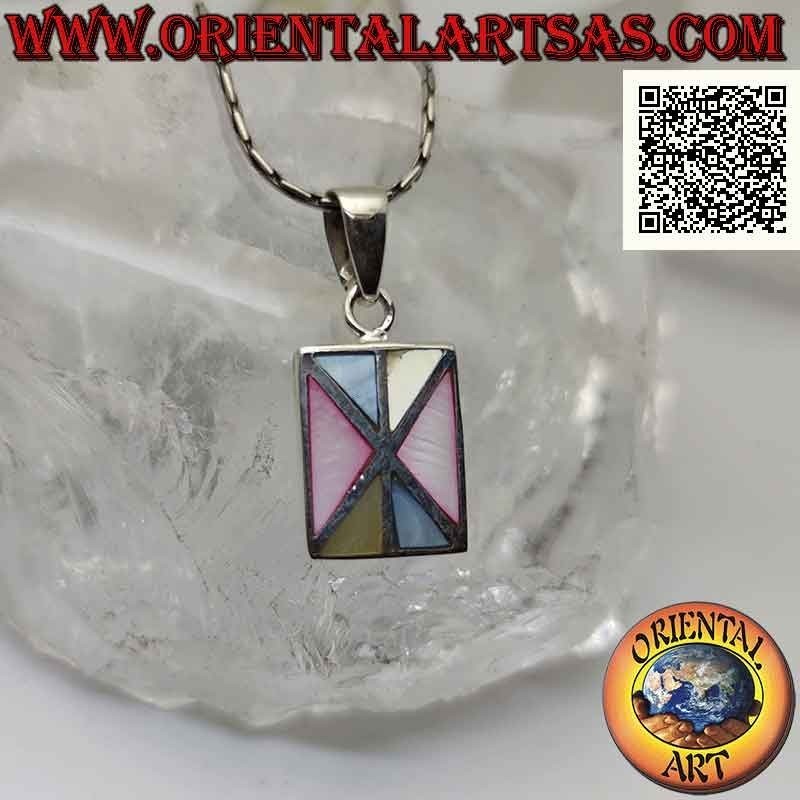 Rectangular silver pendant with multicolor mother-of-pearl mosaic of triangles with smooth edge