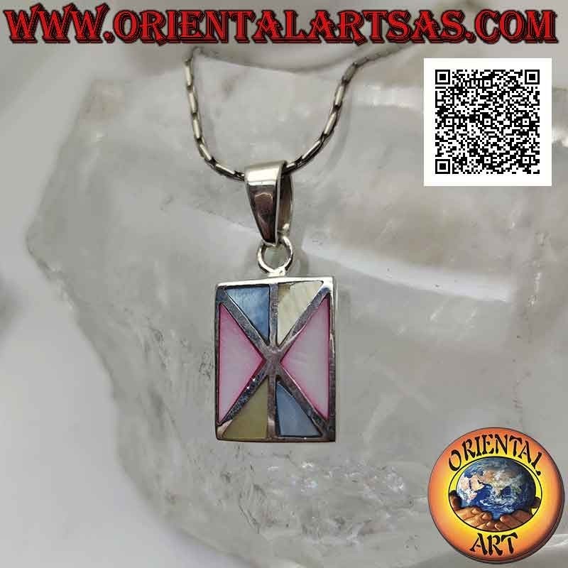 Rectangular silver pendant with multicolor mother-of-pearl mosaic of triangles with smooth edge
