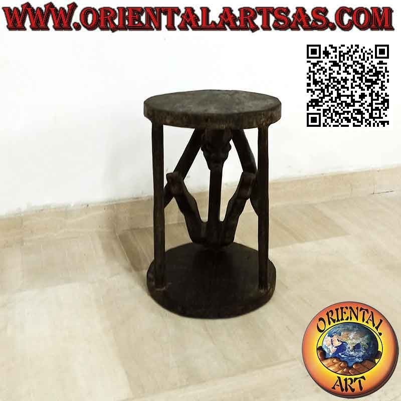 Sgabello in stile primitivo con scultura di un aborigeno in legno di teak (30 cm Ø)