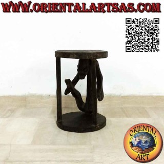 Primitive style stool with sculpture of an aboriginal in teak wood (30 cm Ø)