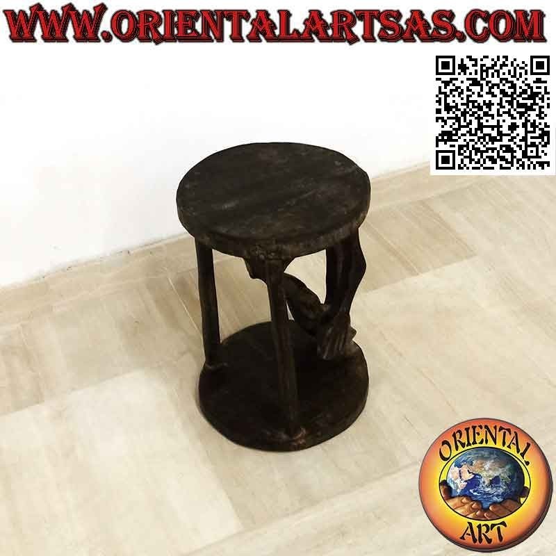Tabouret de style primitif avec sculpture d'un aborigène en bois de teck (30 cm Ø)