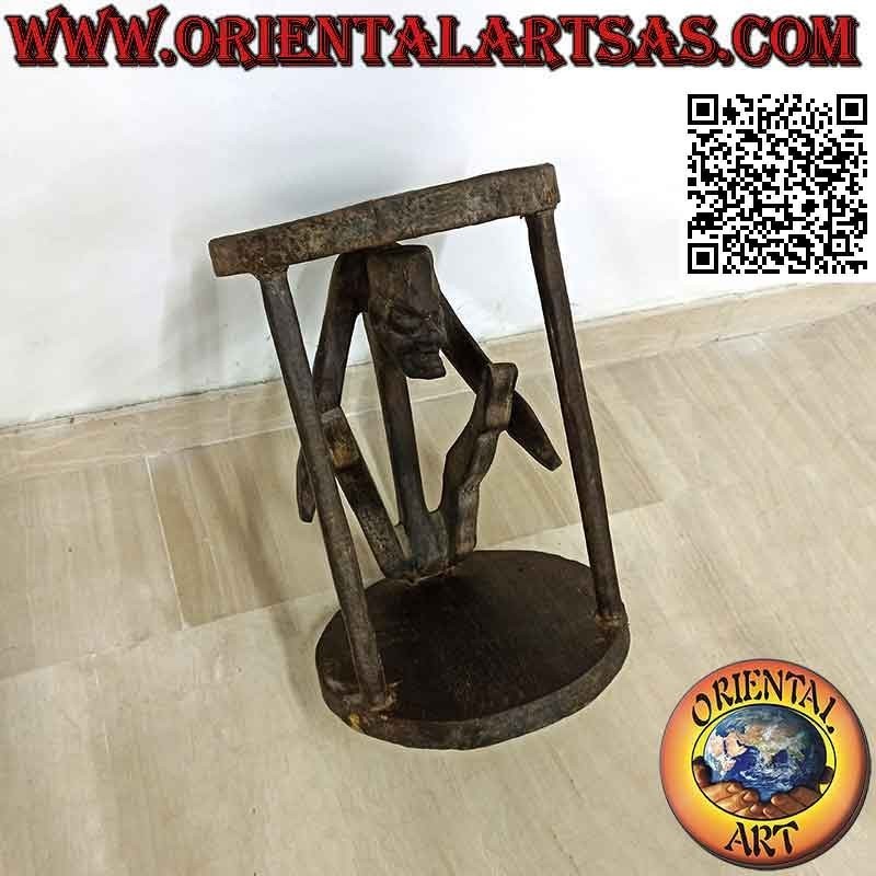 Taburete de estilo primitivo con escultura aborigen en madera de teca (30 cm Ø)