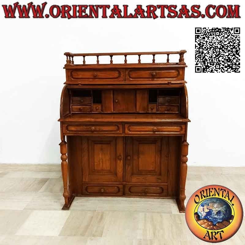 Console de bureau avec volet roulant, étagère extensible, tiroirs et portes en bois de teck (100 x 52)