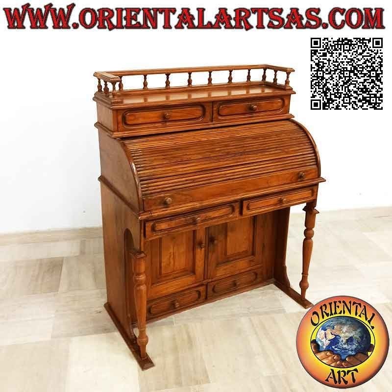 Console de bureau avec volet roulant, étagère extensible, tiroirs et portes en bois de teck (100 x 52)