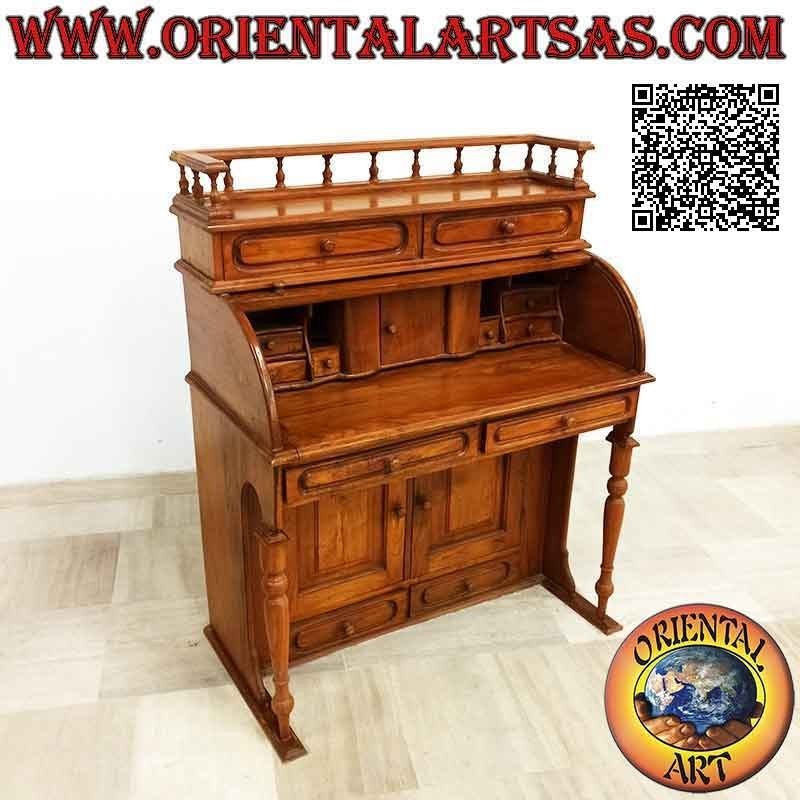Consola de escritorio con persiana enrollable, balda extensible, cajones y puertas en madera de teca (100 x 52)