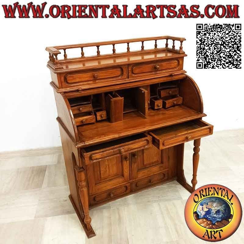 Desk console with roller shutter, extendable shelf, drawers and doors in teak wood (100 x 52)