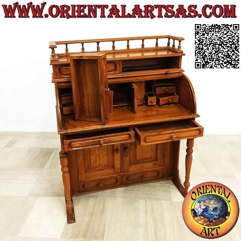 Desk console with roller shutter, extendable shelf, drawers and doors in teak wood (100 x 52)