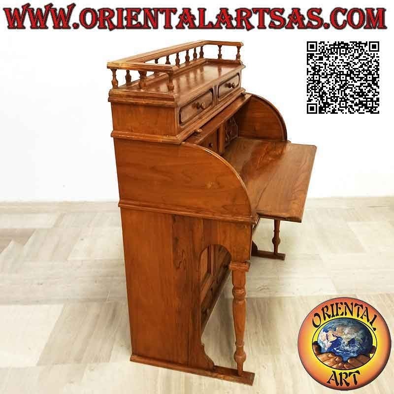 Consola de escritorio con persiana enrollable, balda extensible, cajones y puertas en madera de teca (100 x 52)