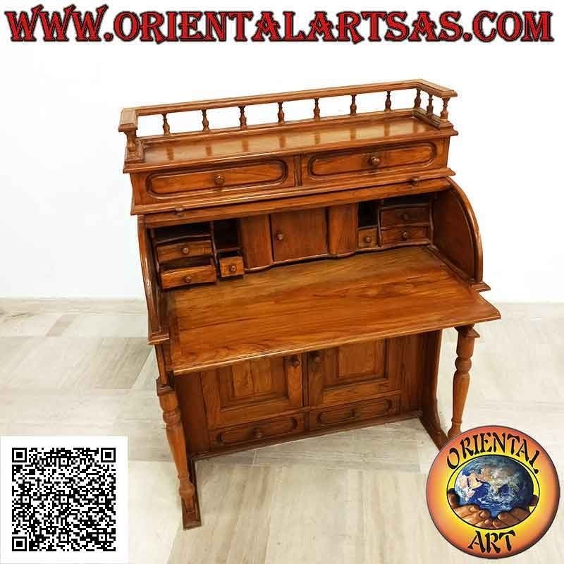 Consolle scrittoio con serrandina a rullo, ripiano allungabile, cassetti e ante in legno di teak (100 x 52)