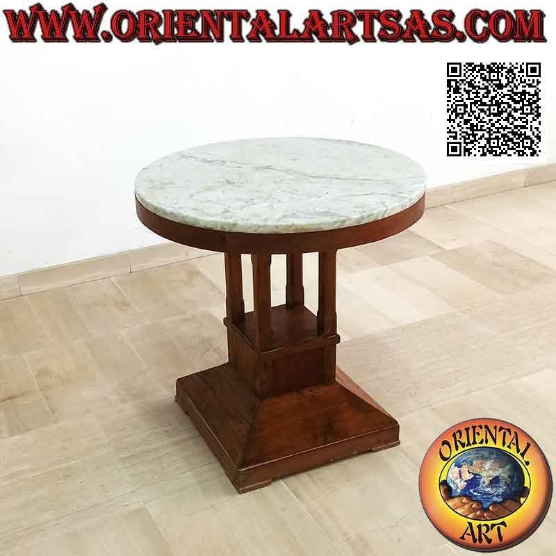 Mesa de centro redonda con un pie cuadrado y tapa de mármol de madera de teca de 65 Ø cm