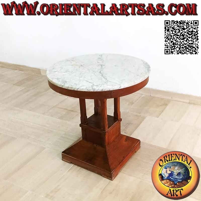 Mesa de centro redonda con un pie cuadrado y tapa de mármol de madera de teca de 65 Ø cm