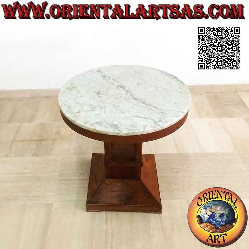 Tavolino tondo con piede unico quadrato e piano in marmo in legno antico di teak da 65 Ø cm