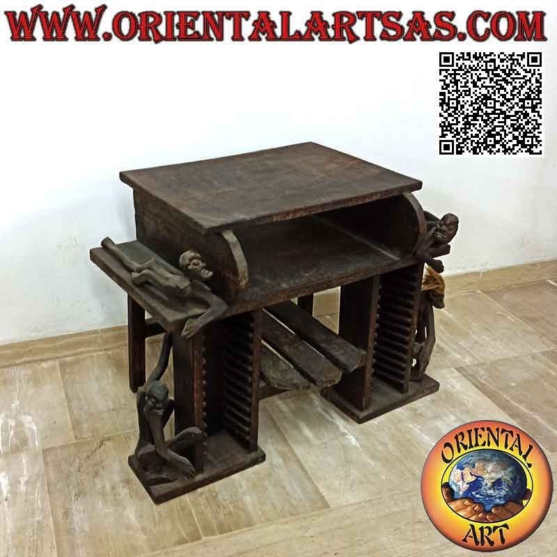 Living room TV stand with CD rack in primitive style with Aboriginal sculptures in teak wood