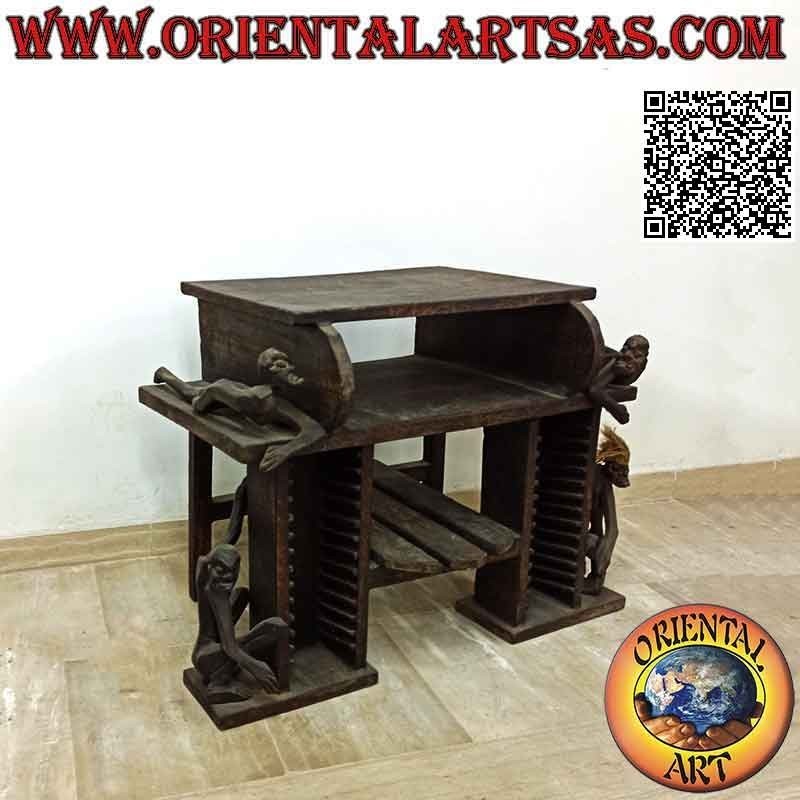 Living room TV stand with CD rack in primitive style with Aboriginal sculptures in teak wood