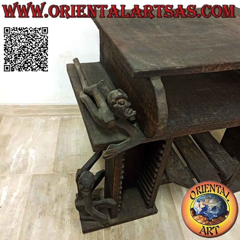 Living room TV stand with CD rack in primitive style with Aboriginal sculptures in teak wood
