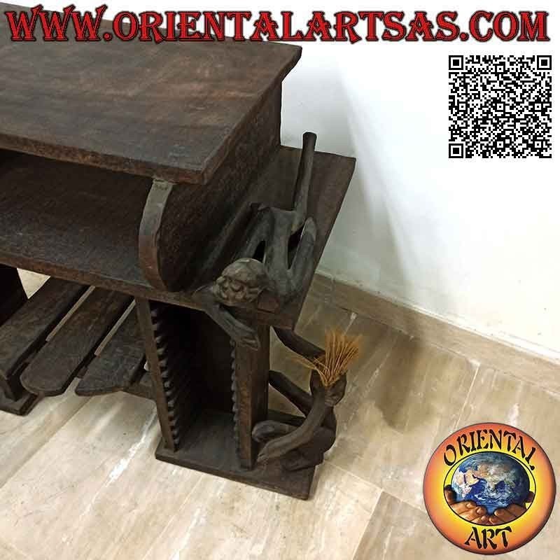 Living room TV stand with CD rack in primitive style with Aboriginal sculptures in teak wood