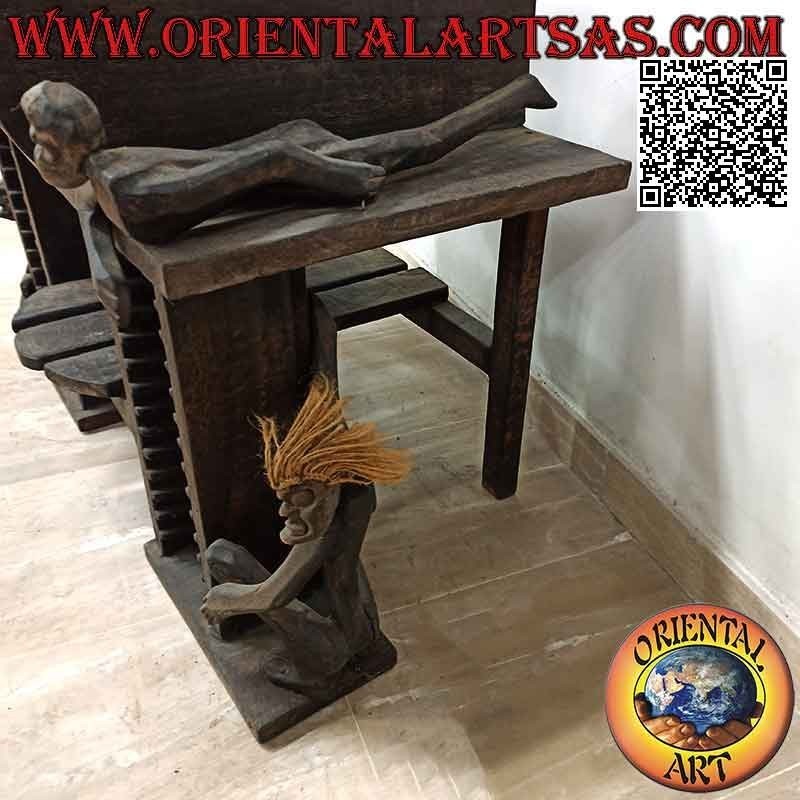 Living room TV stand with CD rack in primitive style with Aboriginal sculptures in teak wood