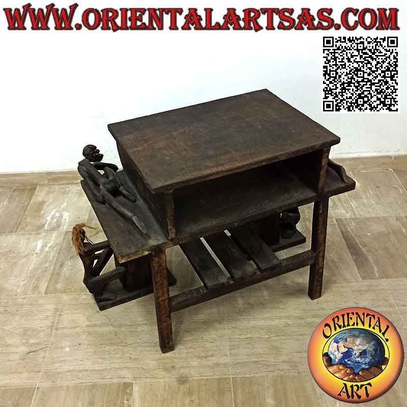 Meuble TV de salon avec support CD de style primitif avec sculptures aborigènes en bois de teck