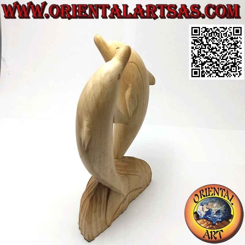 Scultura di una coppia di delfini danzanti in piedi sulla scogliera in legno di ibisco da 20 cm